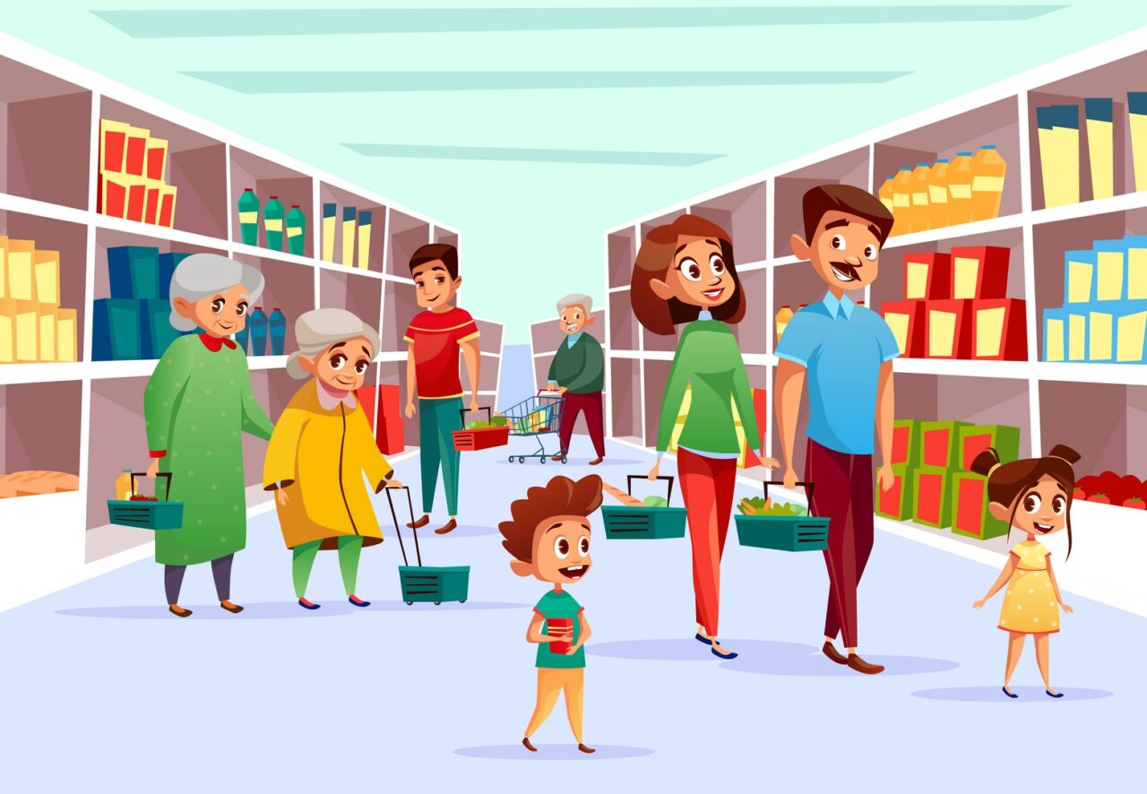 People family shopping in supermarket vector cartoon illustration
